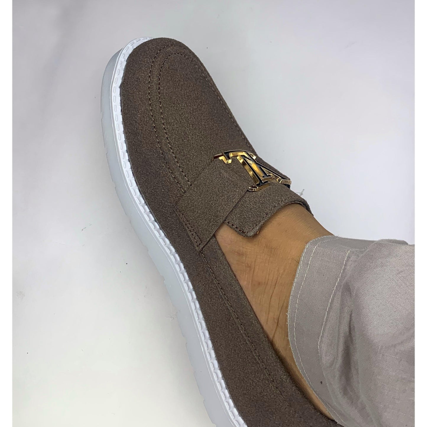 Luxury Brown Suede Loafers with Gold Accent